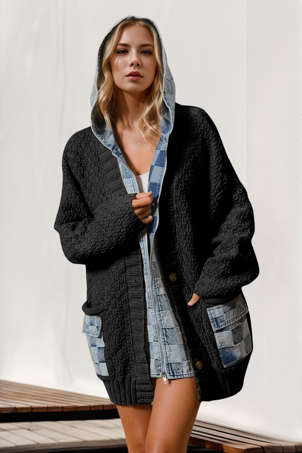 Denim Hooded Mock Layered Zip Front Cardigan