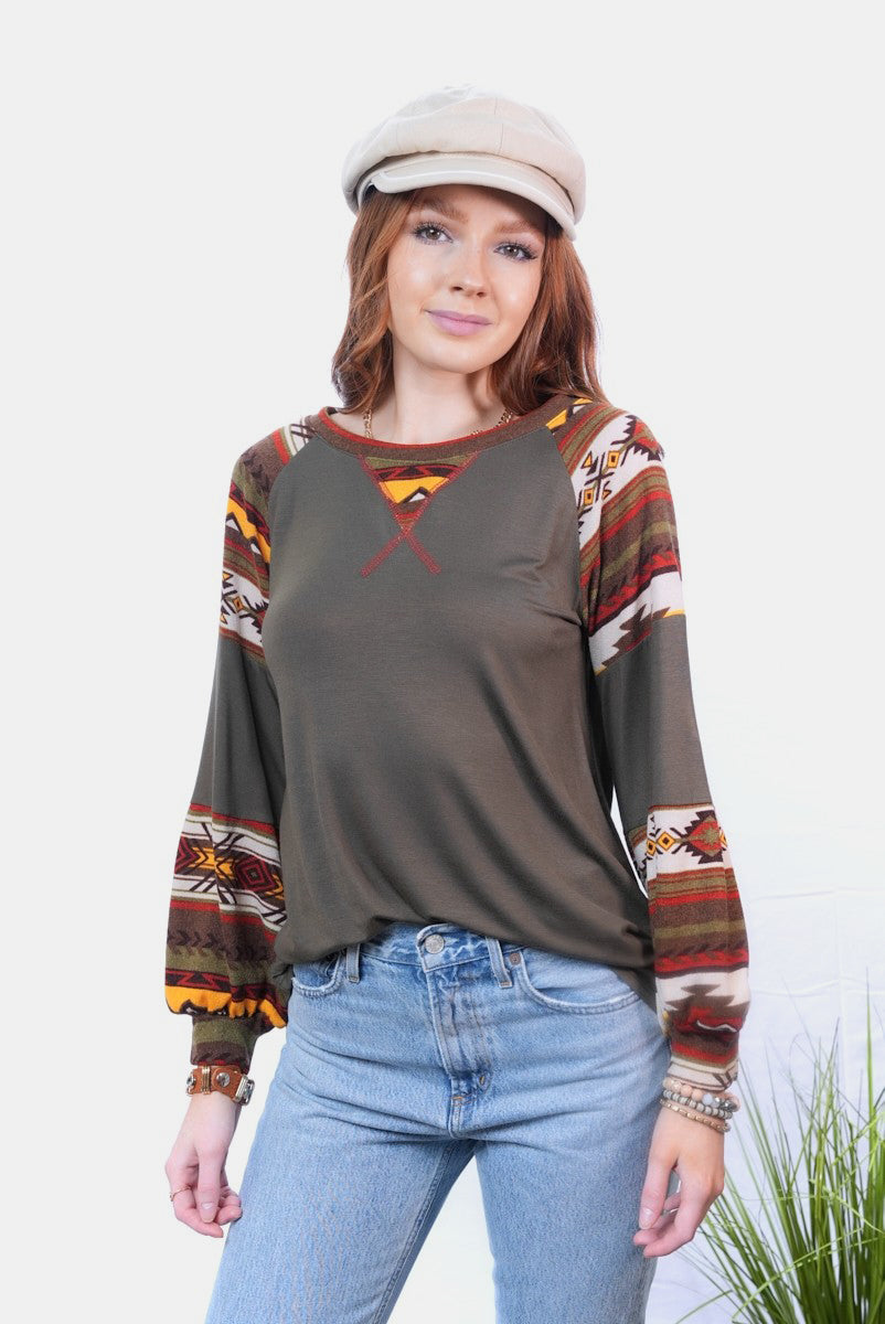 Aztec Print Long Sleeve Top in Dark Olive