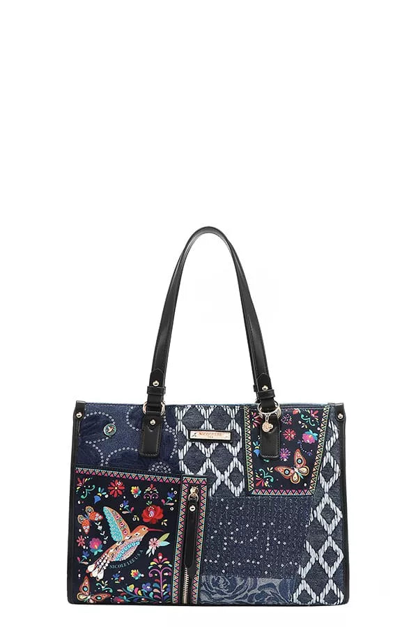 Handbag with floral and butterfly designs on a white background