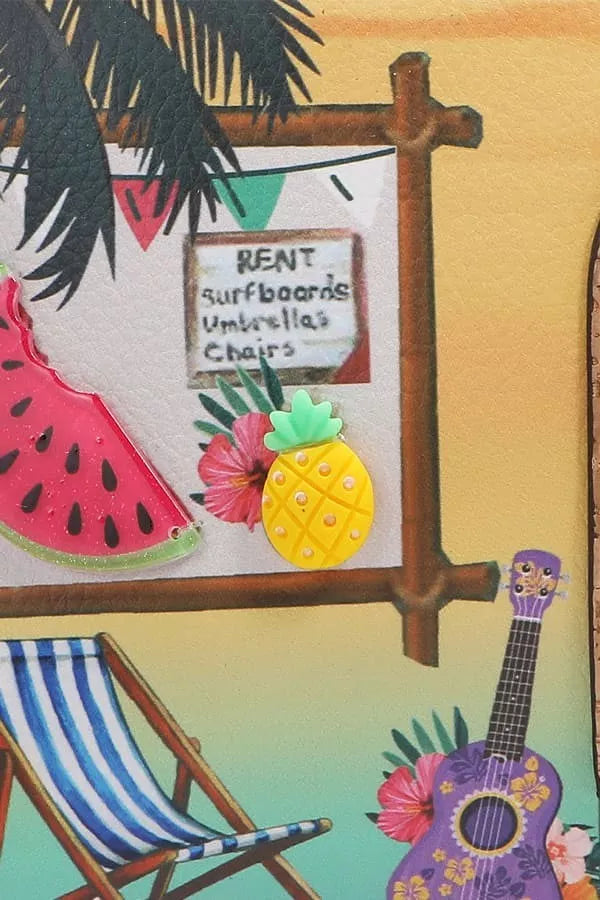 Colorful beach scene with a sign, deck chair, guitar, and pineapple.