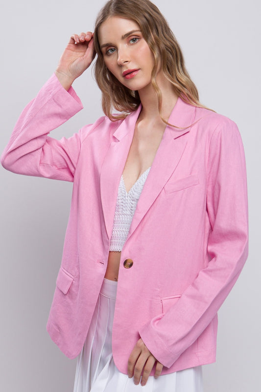 One-Button Long Sleeve Linen Blend Blazer in Pink