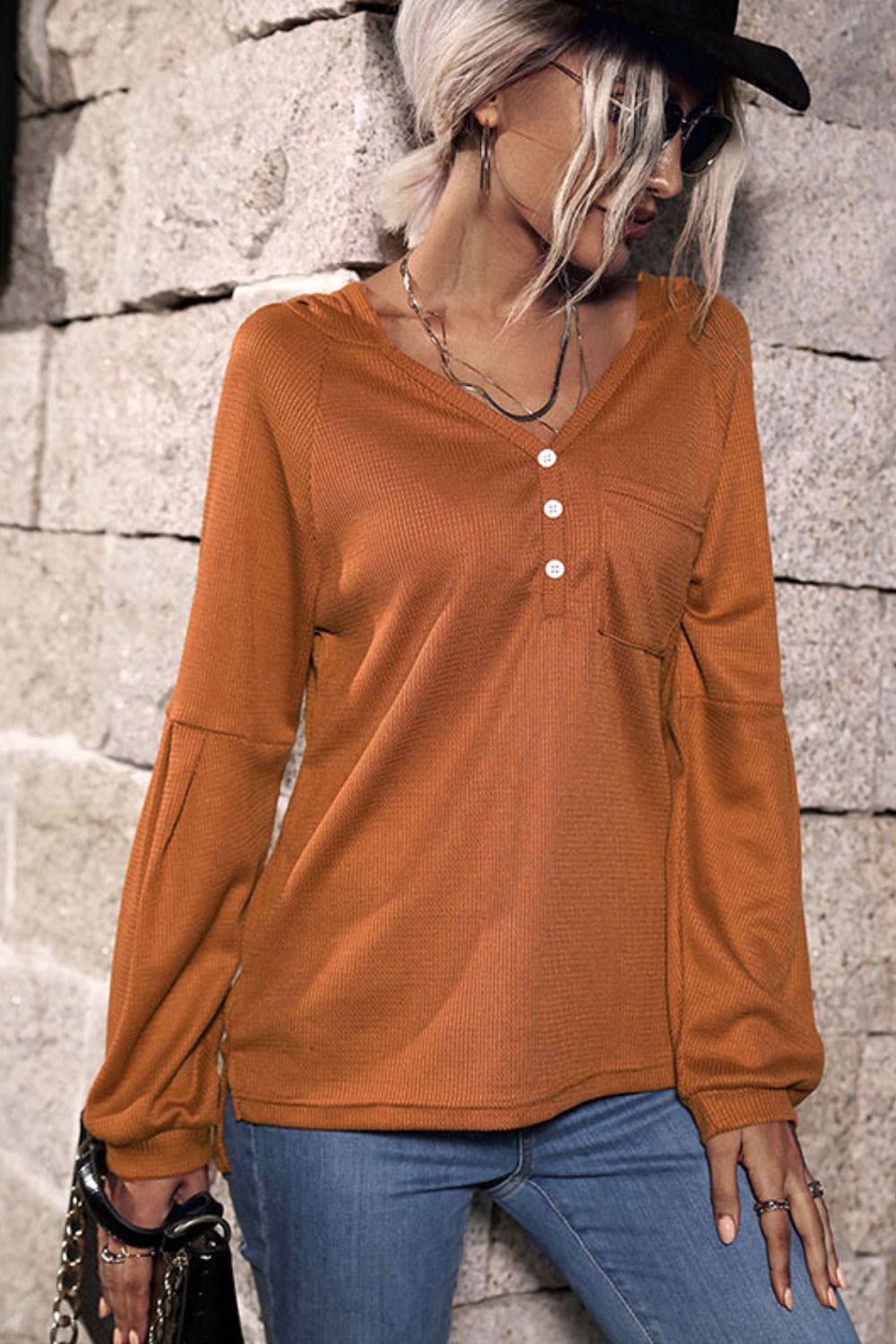 Brown Long Sleeve High-Low Hem Hoodie