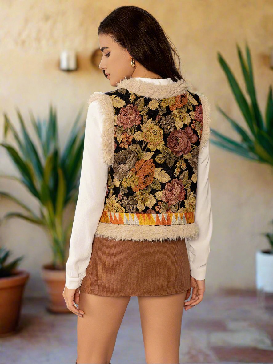 Floral Jacquard Faux Fur Trim Vest