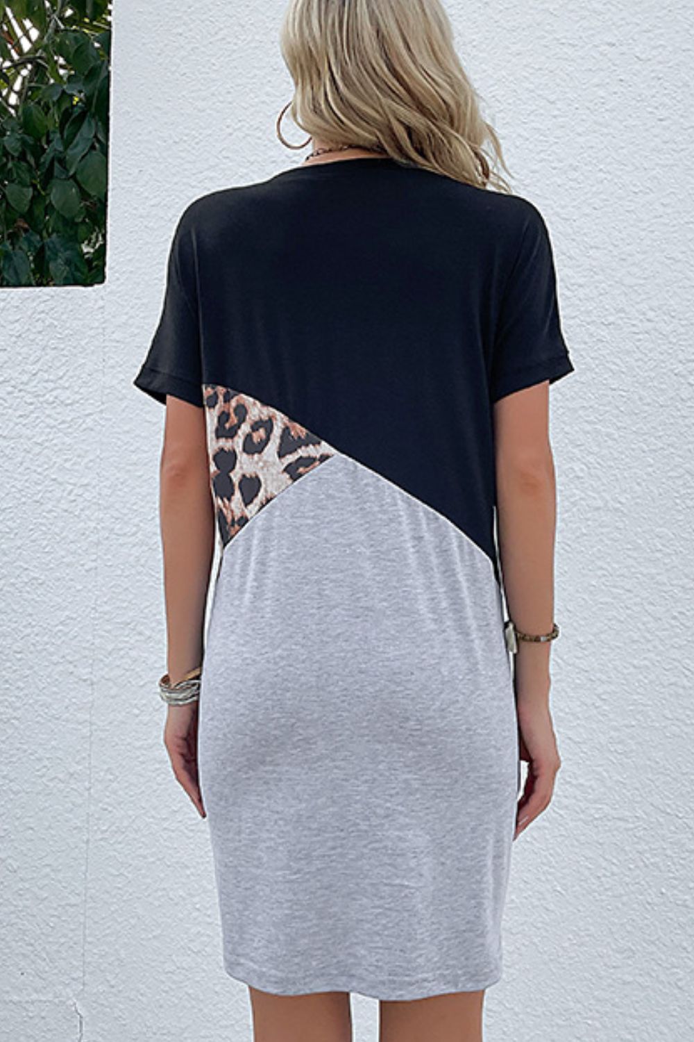 Black & Gray Color Block Leopard Mini Tee Dress