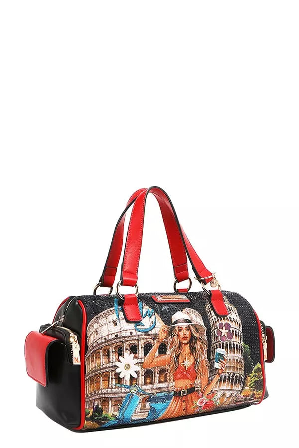 Colorful handbag with a design of a woman and architectural elements on a white background