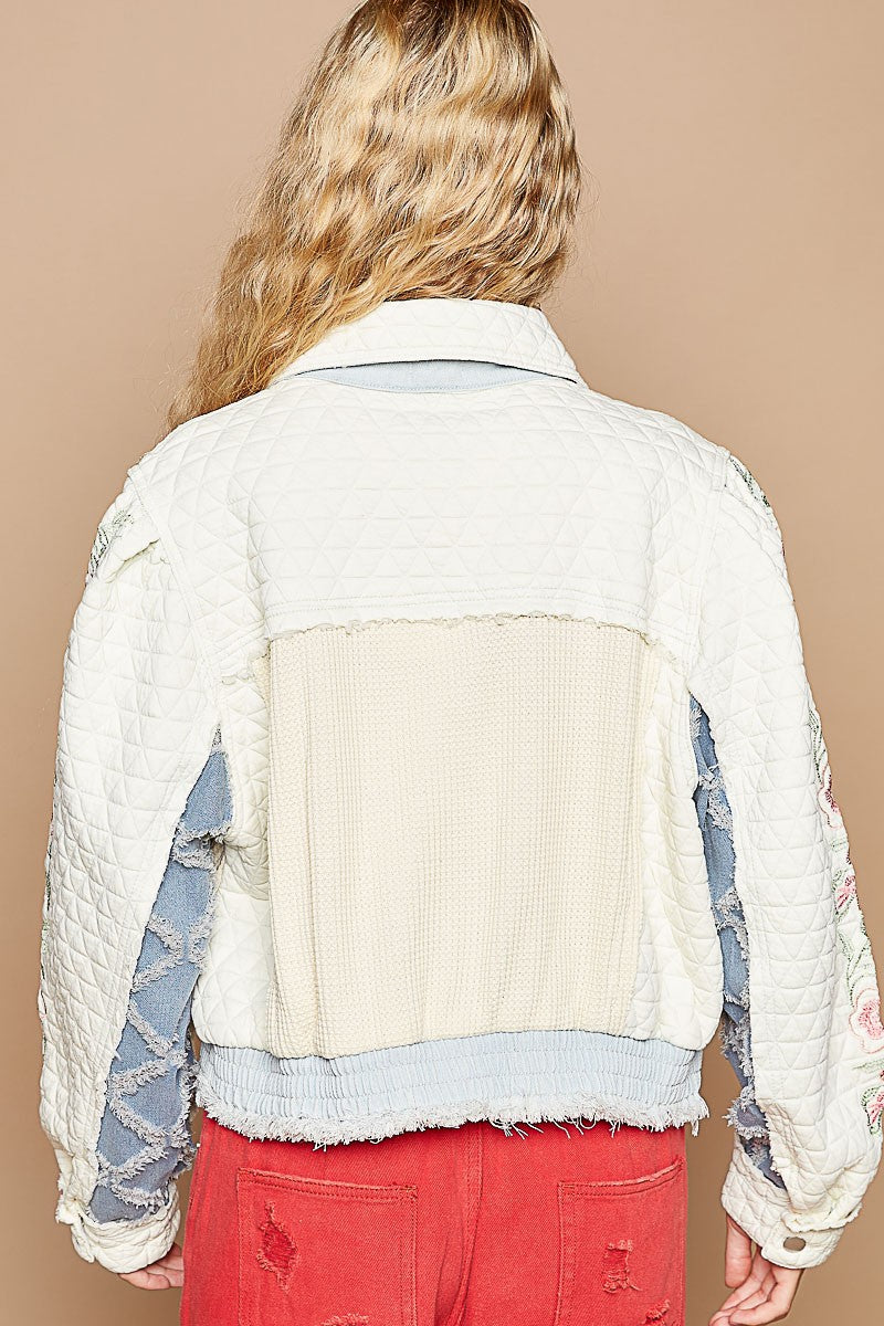 Embroidered Sleeve Quilted Jacket in Ivory