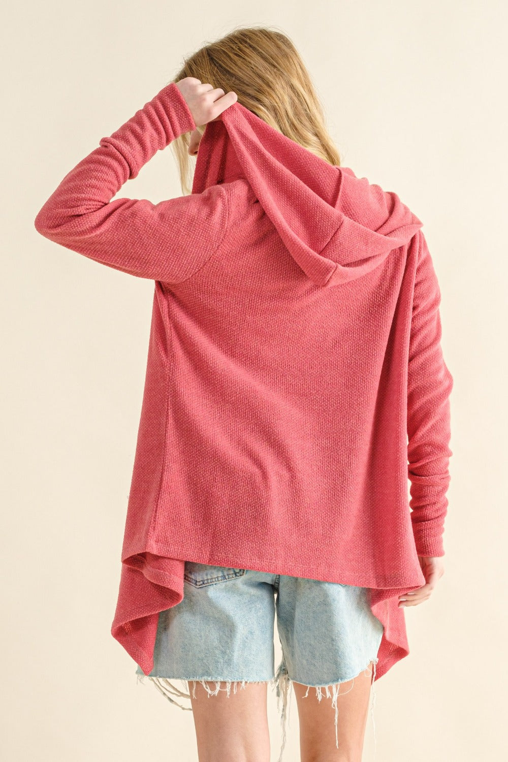 Thermal Hooded Open Front Cardigan in Rose Pink