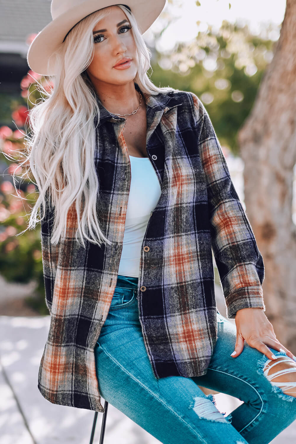 Black Plaid Curved Hem Tunic Shirt