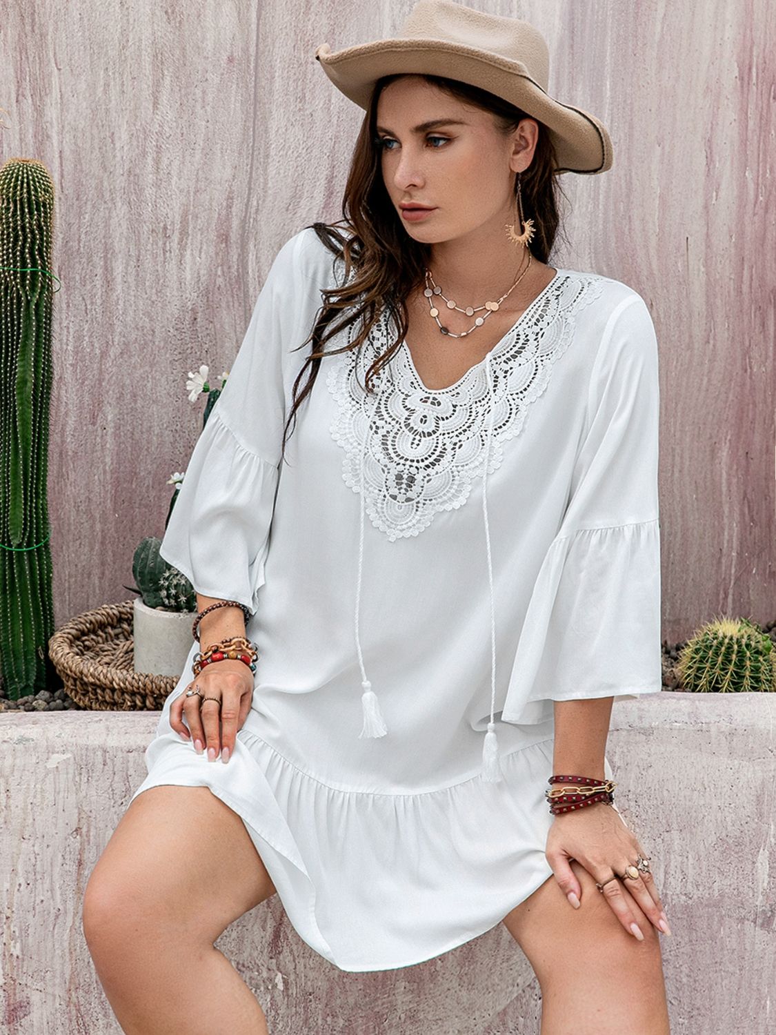 Plus Size White Lace Detail Tie Neck Mini Dress