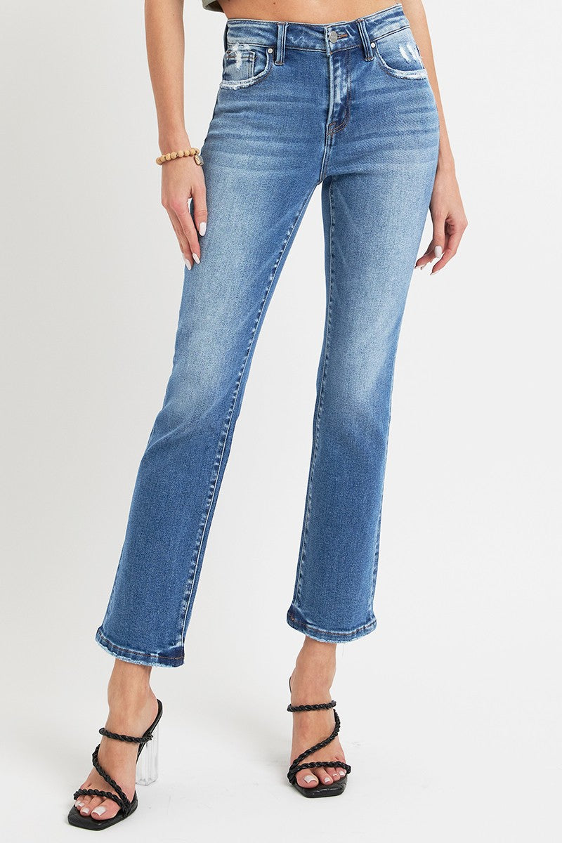 Dark Wash Mid Rise Straight Leg Jeans