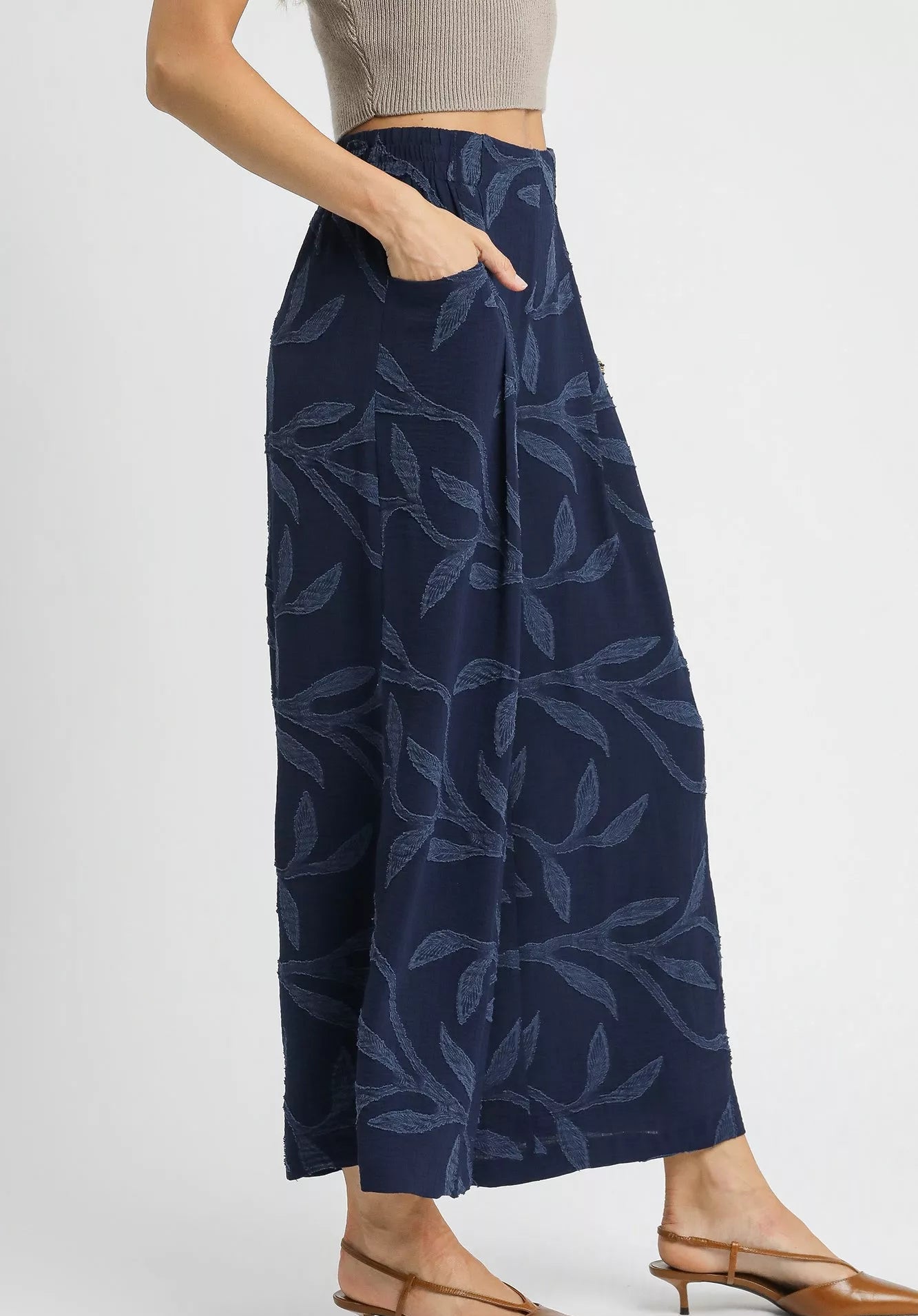 Navy Leaf Textured Wide Leg Pants