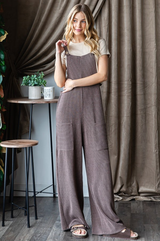 Rib Knit Front Pocket Sleeveless Jumpsuit in Brown