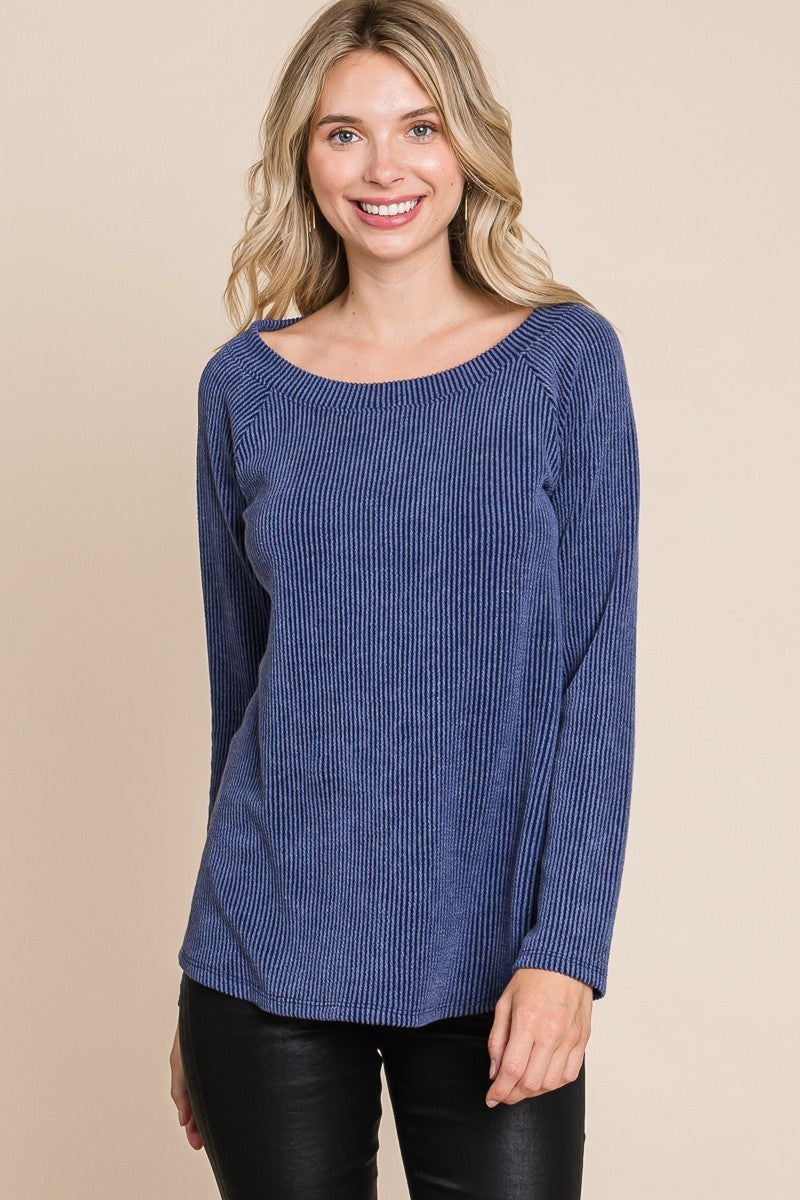 Navy Rib Knit Boat Neck Top