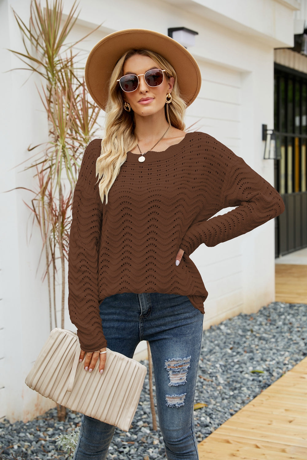 Scalloped Boat Neck Crochet Tunic Sweater