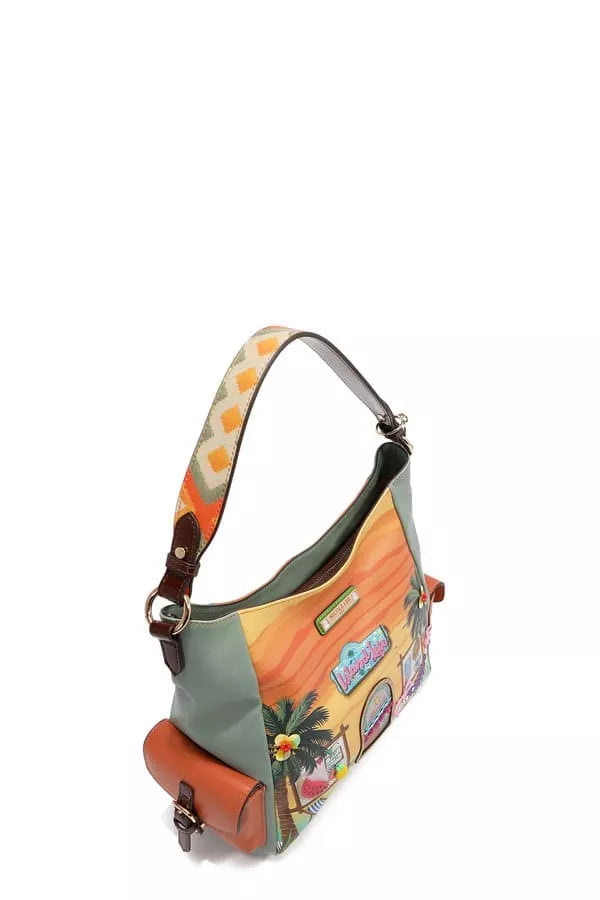 Colorful handbag with a tropical design on a white background
