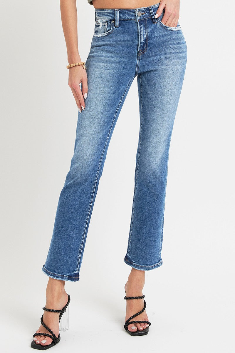 Dark Wash Mid Rise Straight Leg Jeans