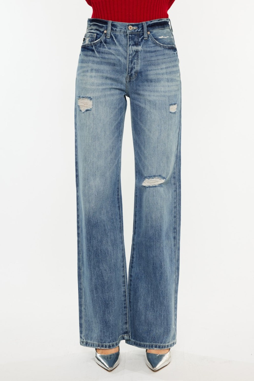 Medium Wash Distressed High Waist Bootcut Jeans