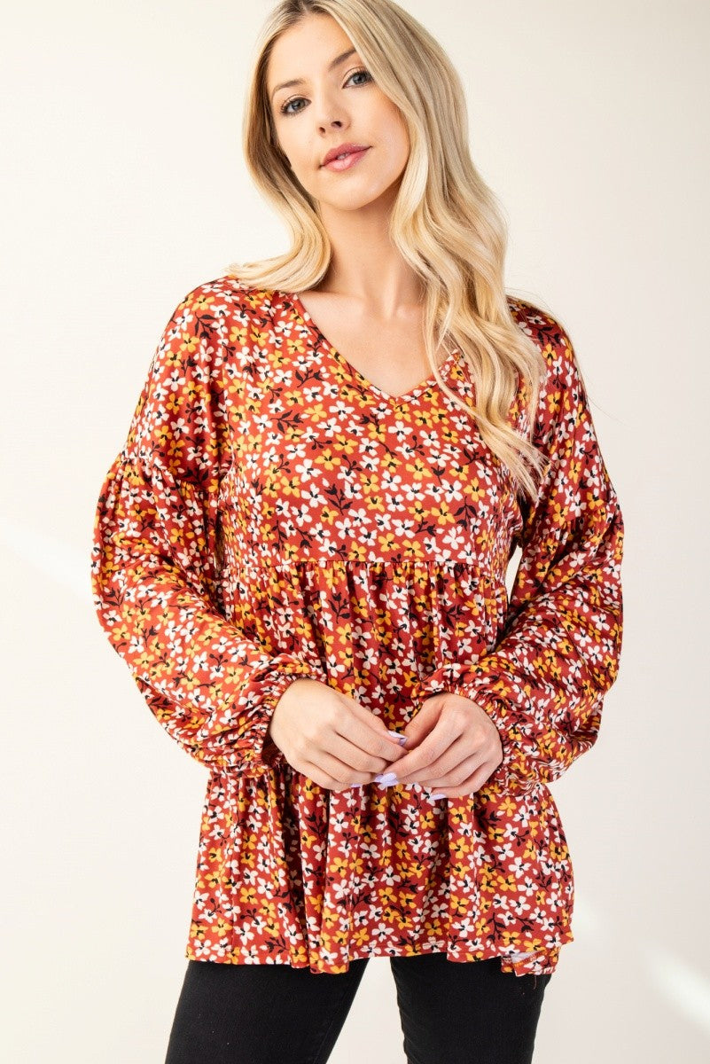 Floral V-Neck Long Sleeve Blouse in Rust