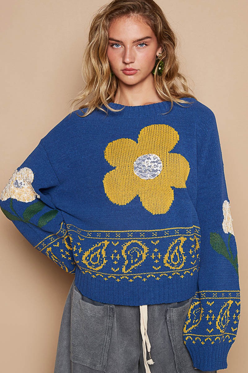 Blue Lace Flower Patch Long Sleeve Sweater