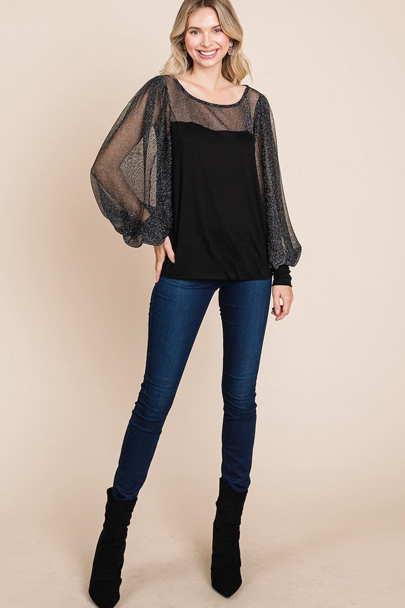 Black Metallic Sheer Lantern Sleeve Blouse