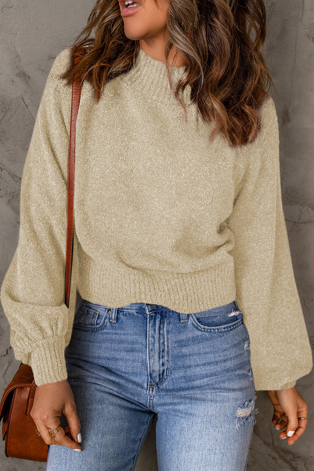 Rib Knit Trim Balloon Sleeve Sweater