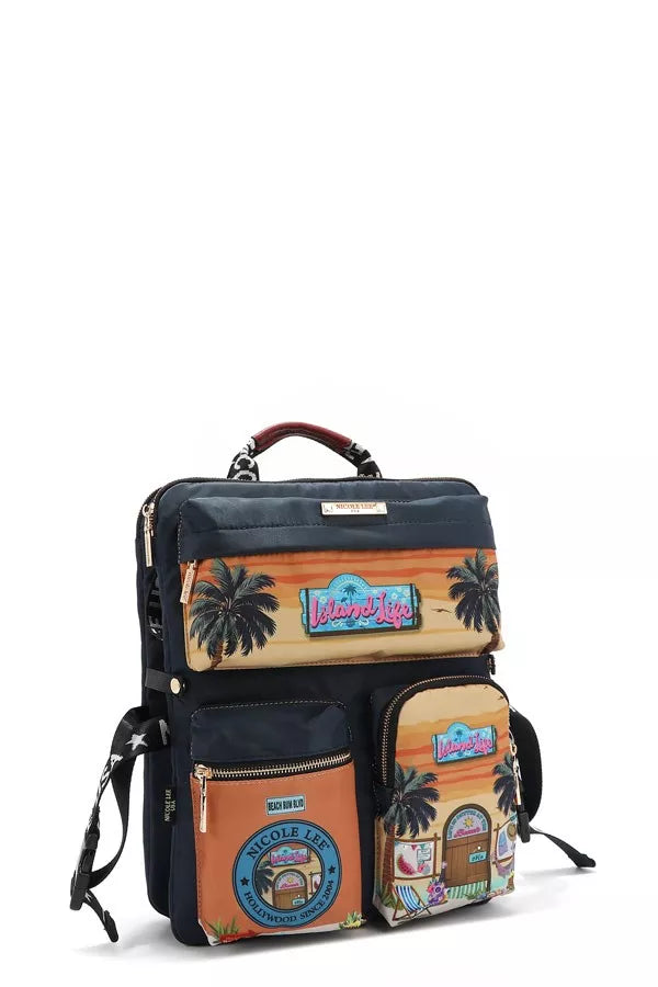 Backpack with colorful design featuring palm trees and a sunset, on a white background.