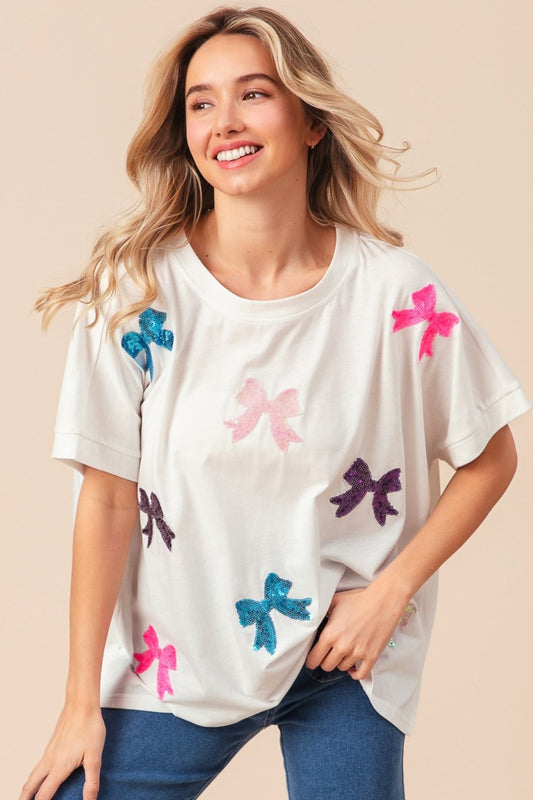 Sequin Bow Patch Short Sleeve T-Shirt in Off-White