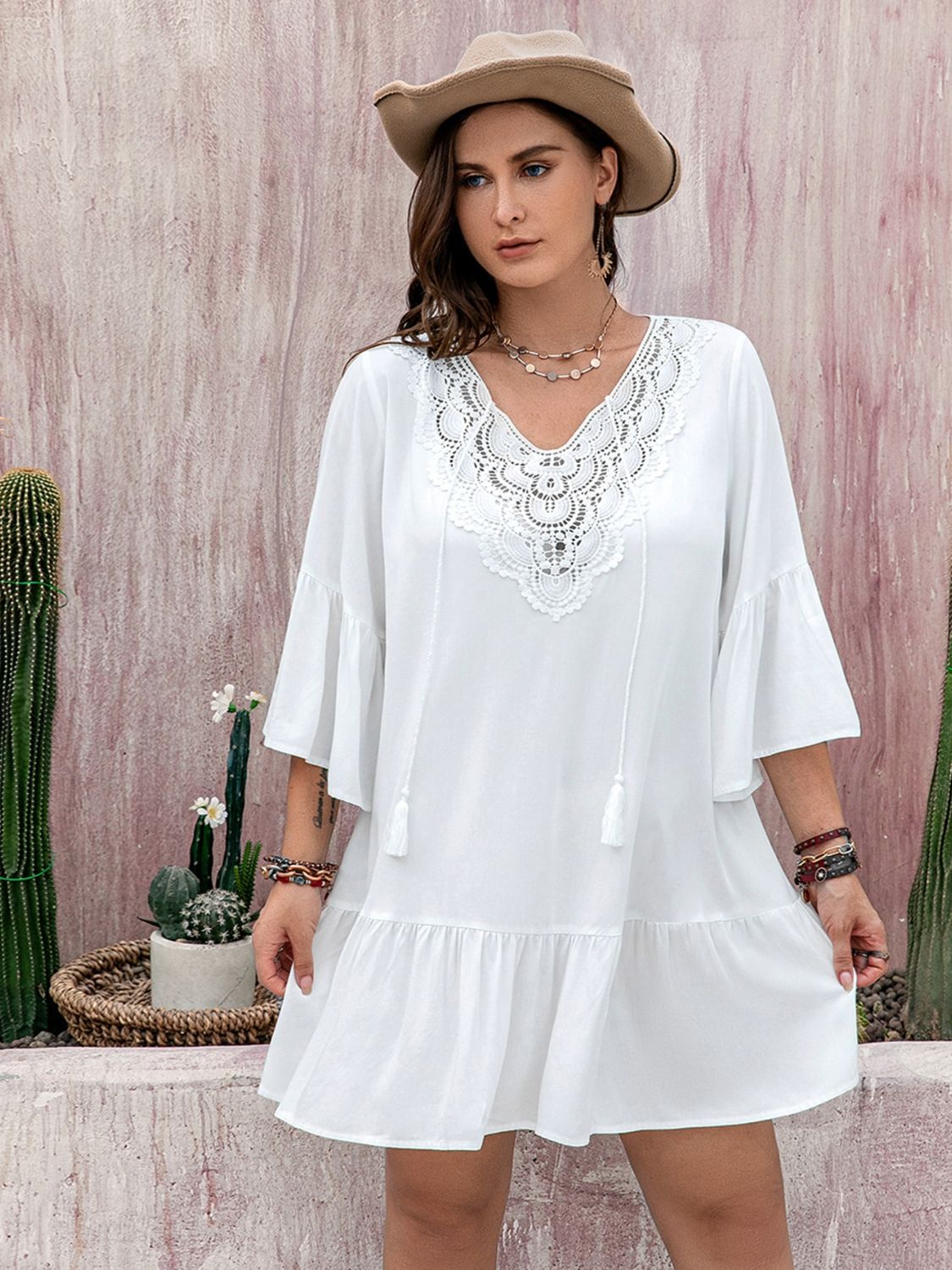 Plus Size White Lace Detail Tie Neck Mini Dress