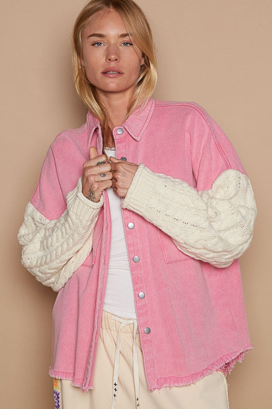 Contrast Sweater Sleeve Button Down Shacket in Pink Ivory