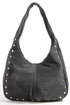 Black handbag with silver studs on a white background