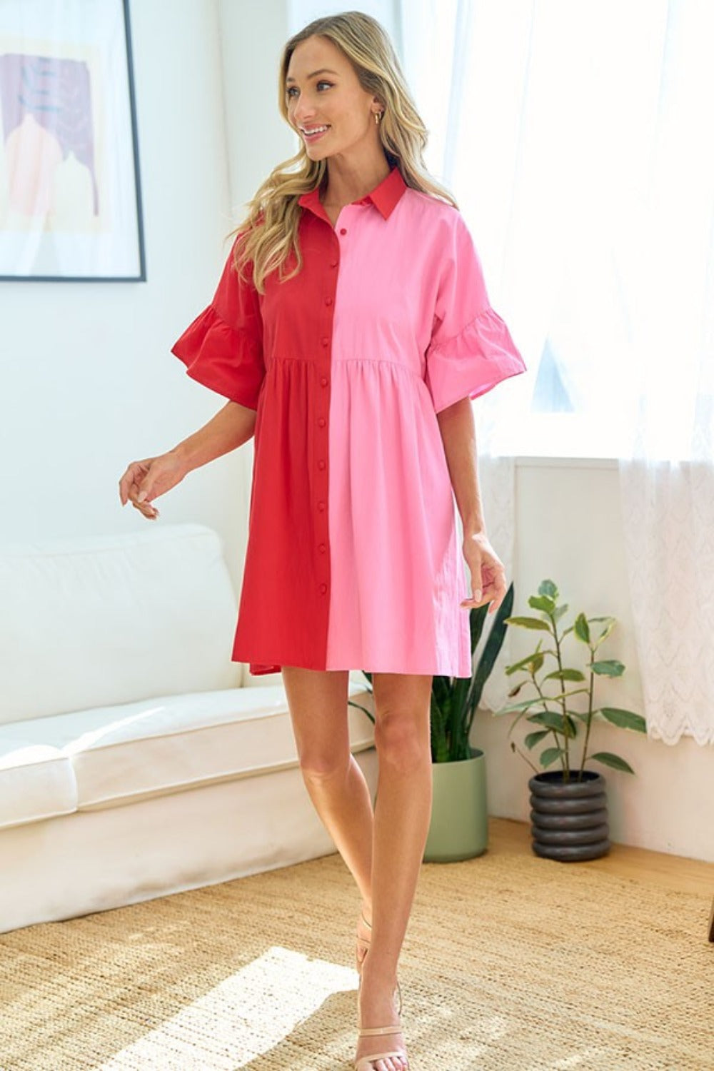 Color Blocked Button Down Mini Shirt Dress in Red Pink