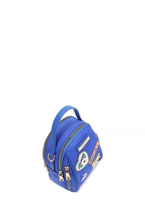Blue backpack with decorative elements on a white background