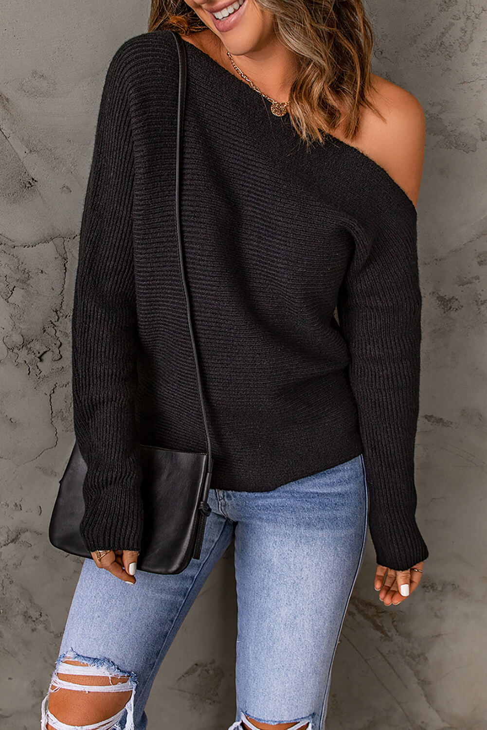 Black Horizontal Rib Knit One-Shoulder Sweater