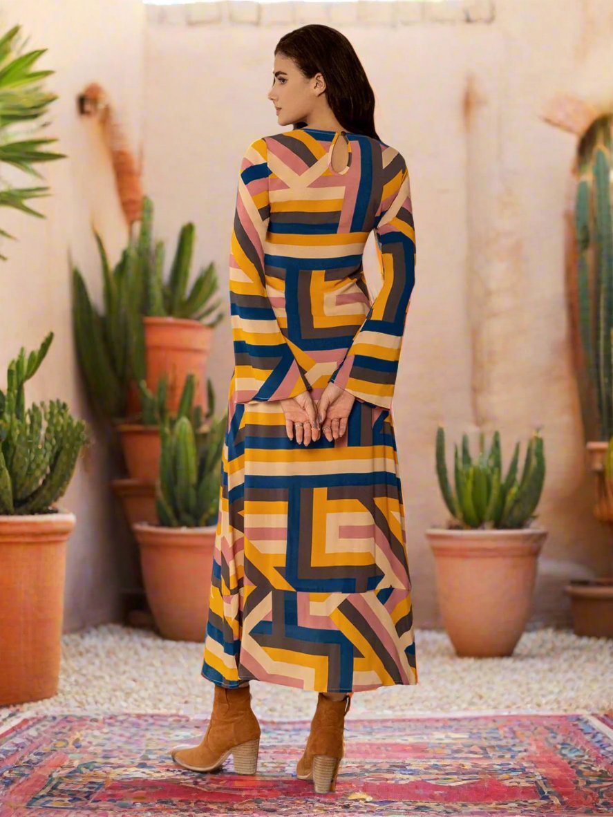 Multicolor Geometric Flare Sleeve Midi Dress