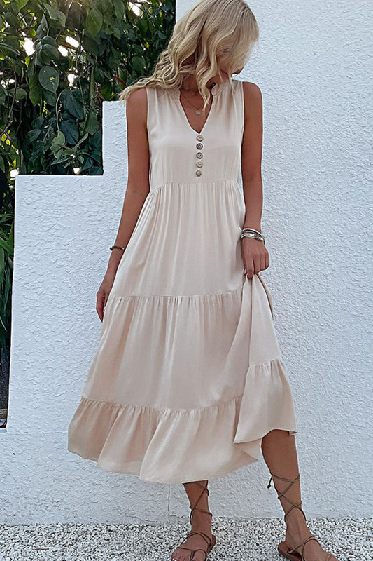 Sleeveless Tiered Midi Dress in Khaki