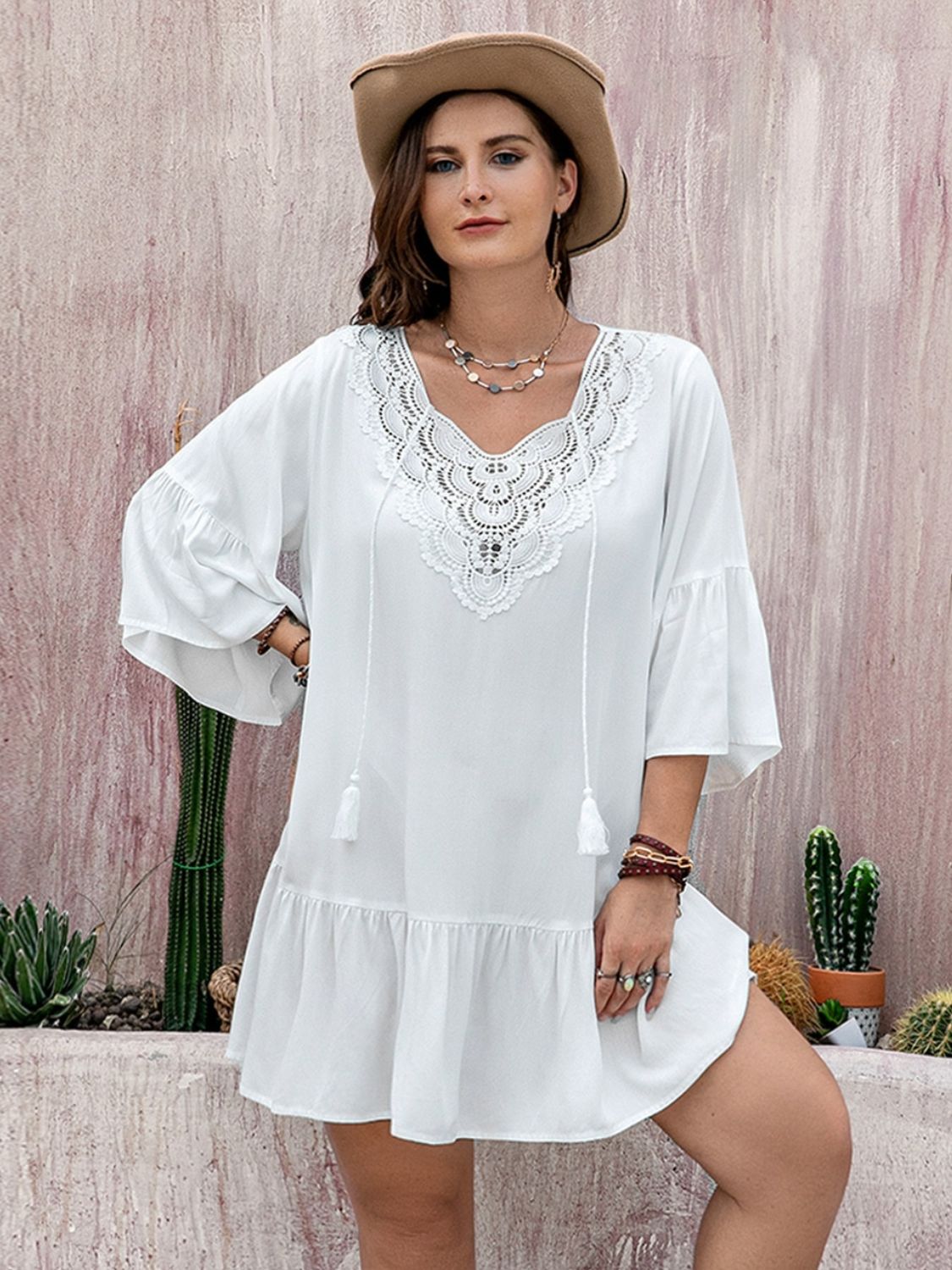 Plus Size White Lace Detail Tie Neck Mini Dress