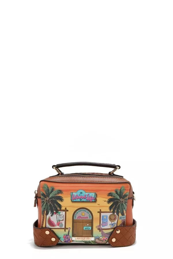 Handbag with palm tree design and colorful graphics on a white background