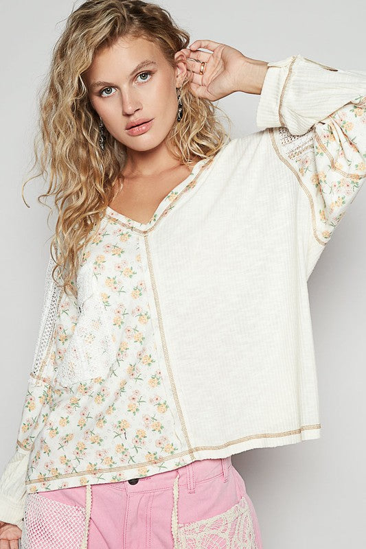 Floral Crochet V-Neck Top in Ivory