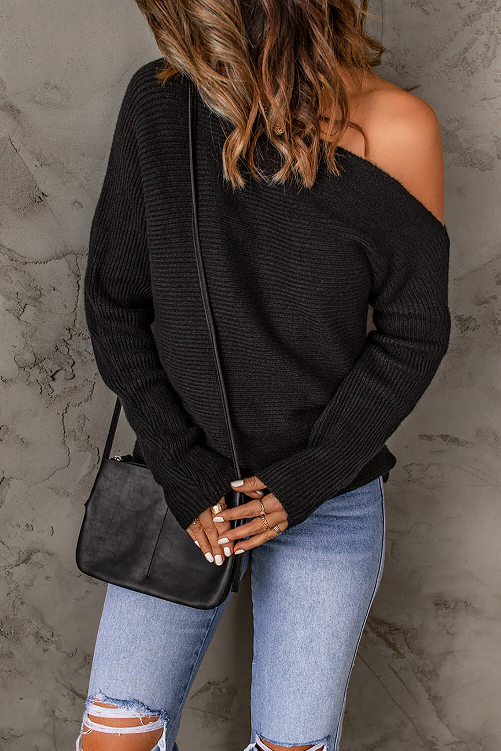 Black Horizontal Rib Knit One-Shoulder Sweater