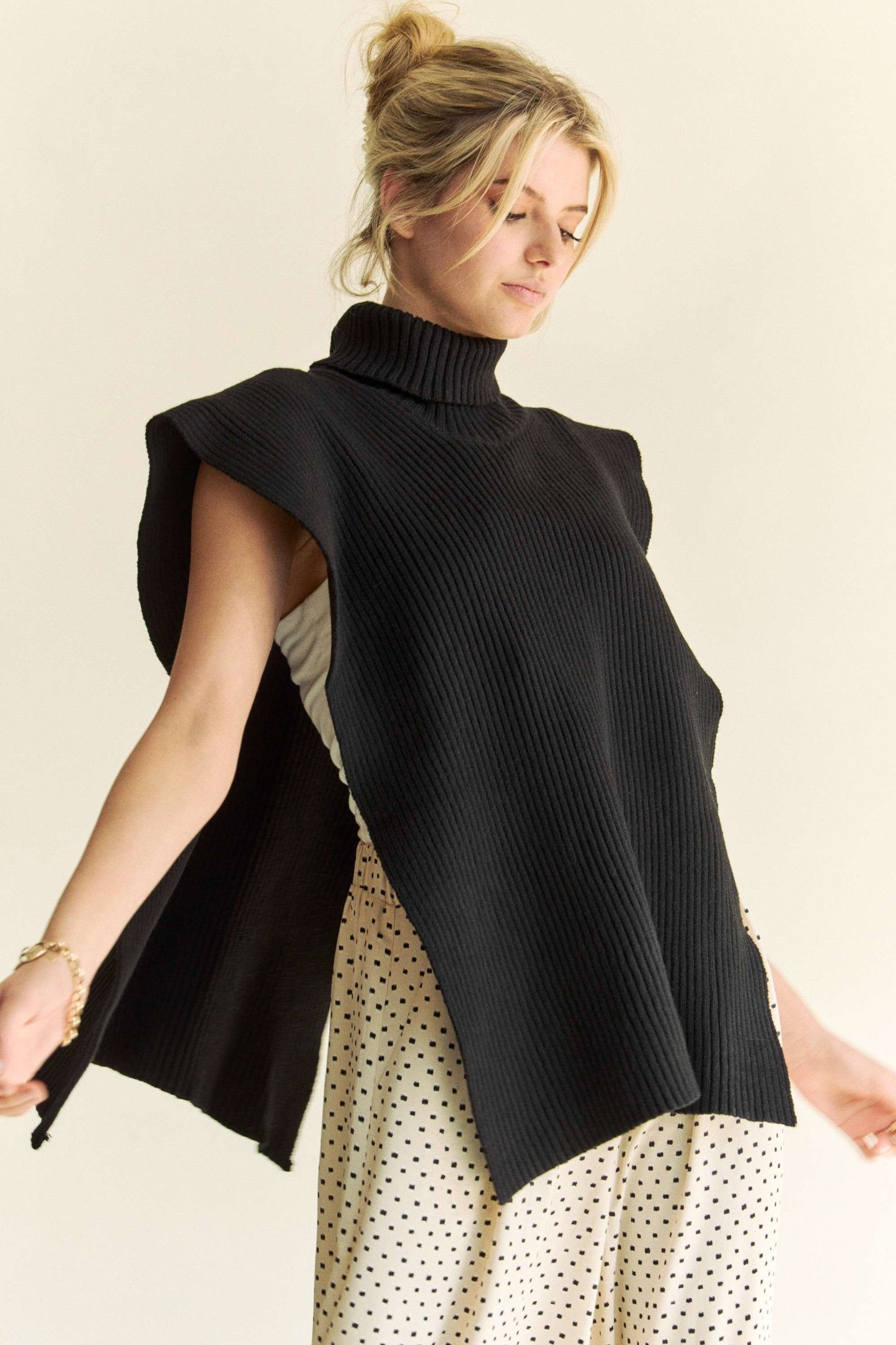 Black Turtleneck Side Tie Poncho Top