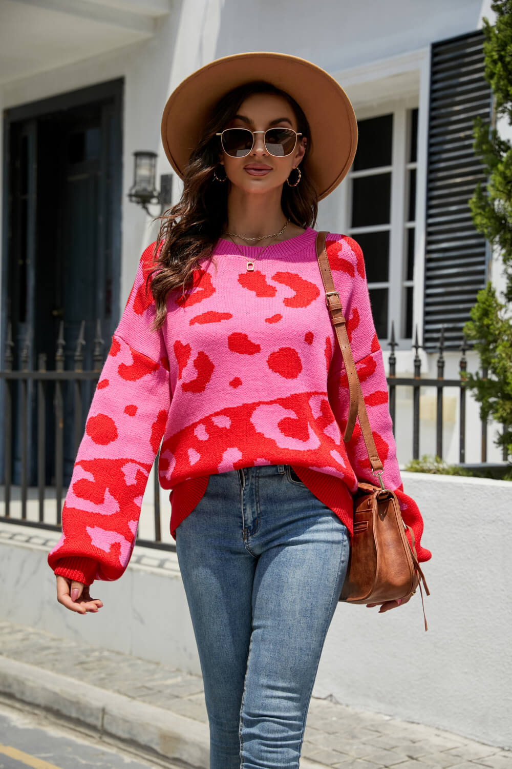 Leopard Pattern Dropped Shoulder Sweater