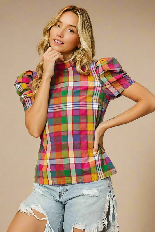 Multicolor Plaid Puff Sleeve Top