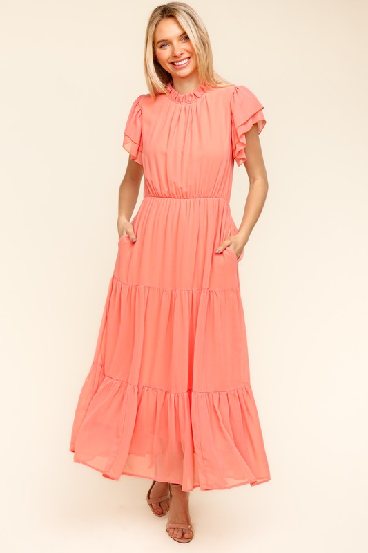 Tiered Frilly Short Sleeve Maxi Dress in Peach