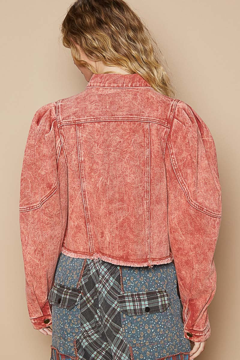 Brick Red Raw Hem Puff Sleeve Cropped Denim Jacket