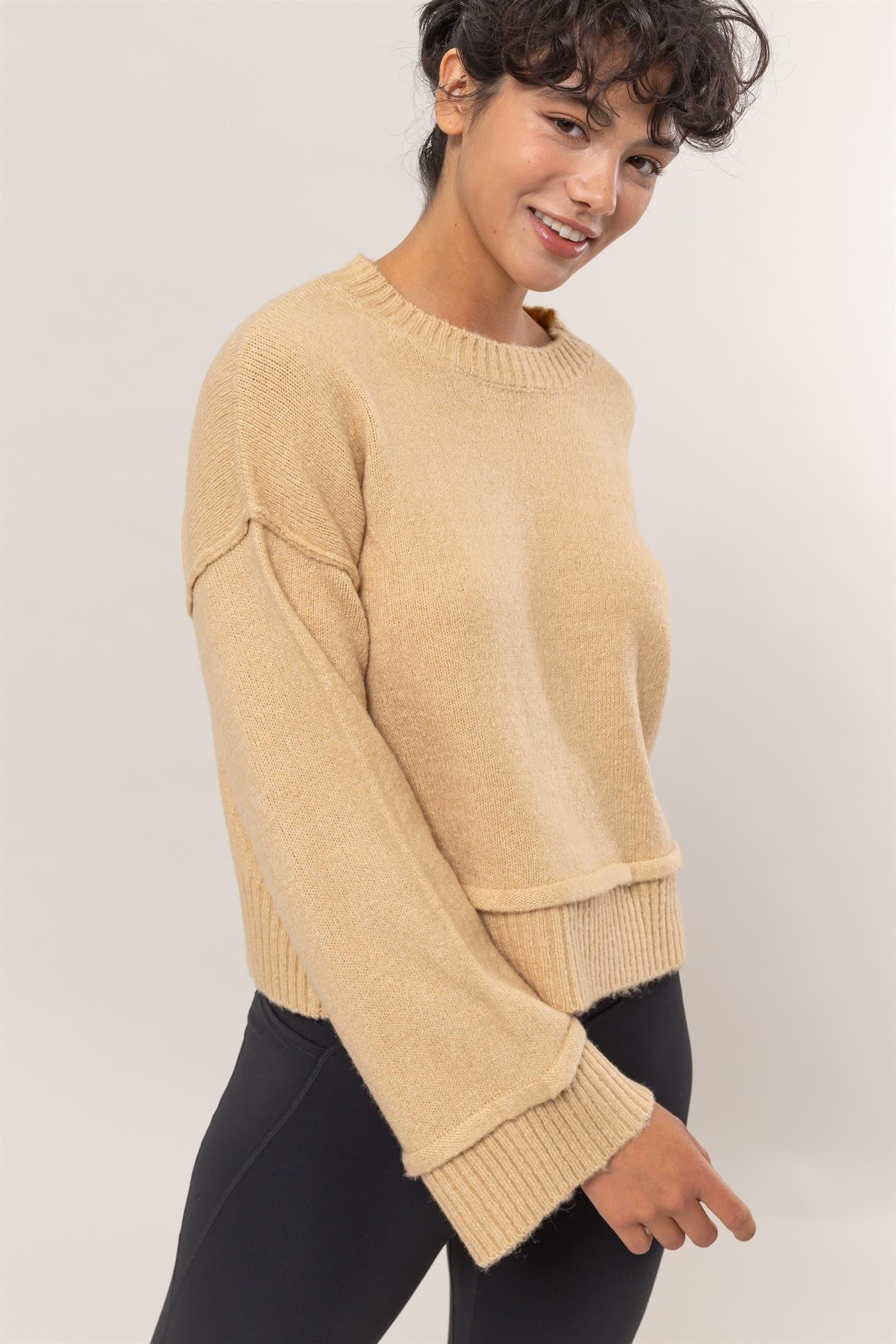 Dropped Shoulder Rib Knit Sweater in Taupe