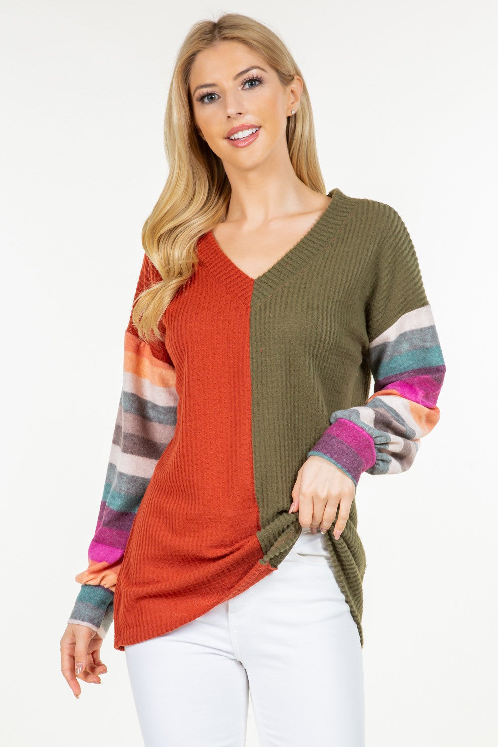 Contrast Striped V-Neck Blouse in Rust