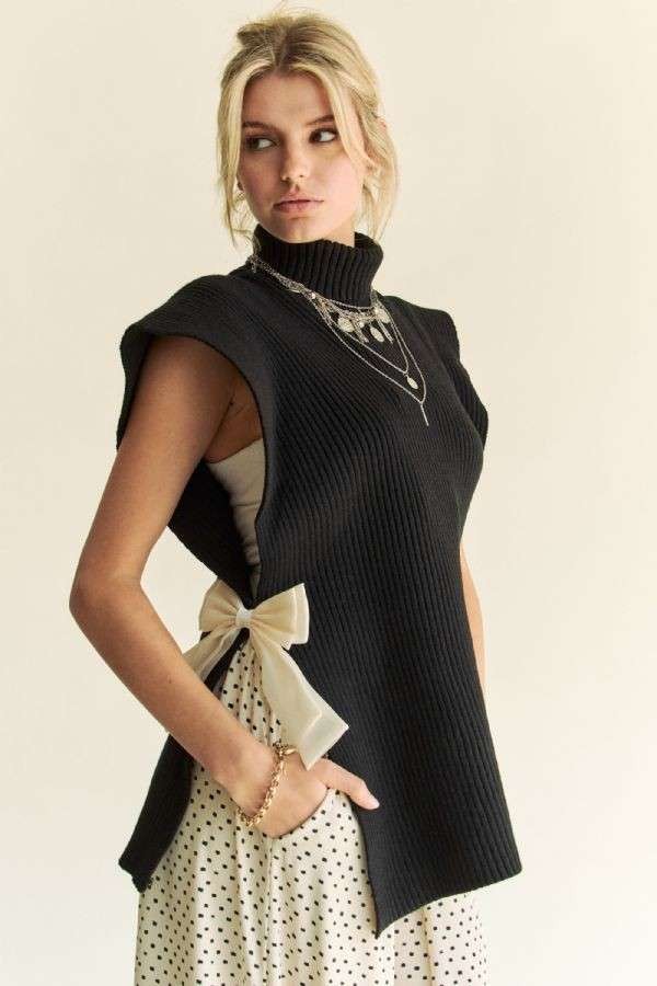 Black Turtleneck Side Tie Poncho Top