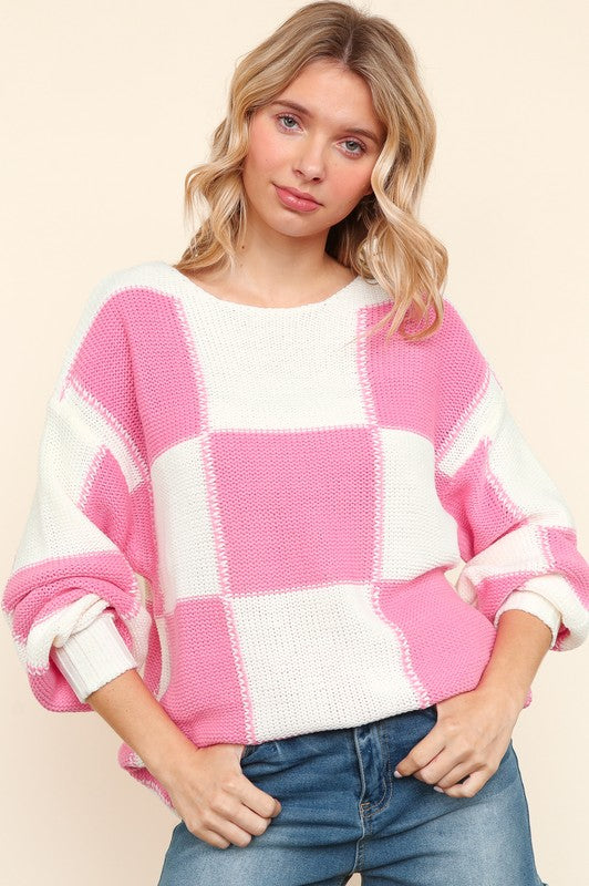 Pink Checkered Relaxed Fit Sweater