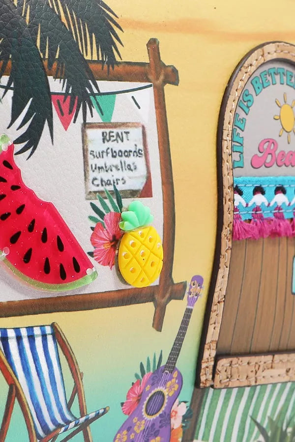 Tropical-themed decor with signs, a guitar, and a chair on a yellow background
