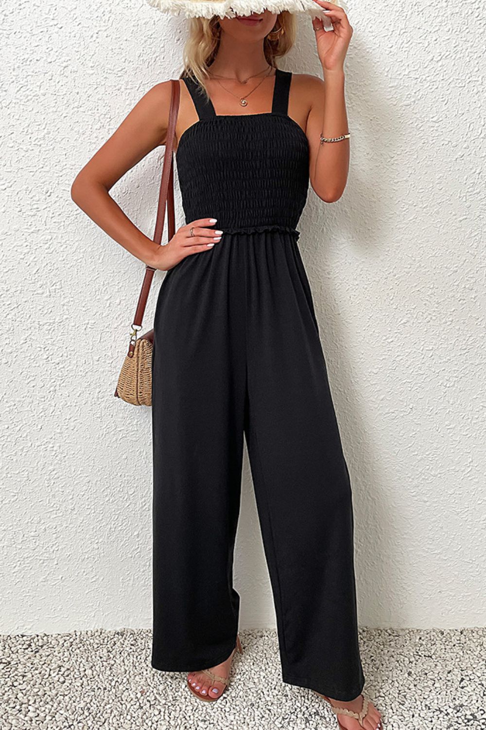 Black Smocked Sleeveless Wide Leg Jumpsuit with Pockets